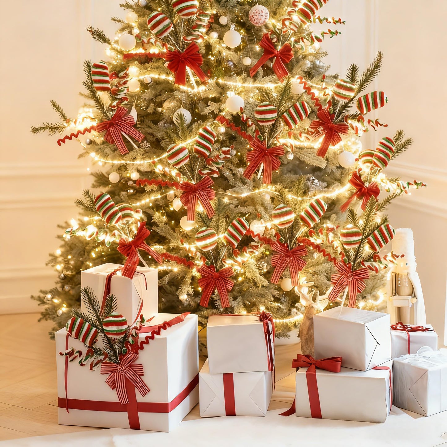 Candyland Christmas Tree Picks Set of 4, Red Green Peppermint Ornament Sprays with Bows and Greenery, Christmas Tree Topper Decorations, Gingerbread Christmas Decor for Tree, Wreath and Garland
