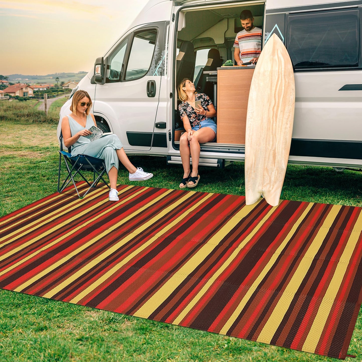 GAOMON 9x18 Outdoor Rug Waterproof for Patio Plastic Straw Large Rug Geometric Stripe Indoor Outdoor Area Rug Modern Lines Camping Rugs for RV Porch Deck B Trailer Beach, Purple/Red/Orange/Yellow