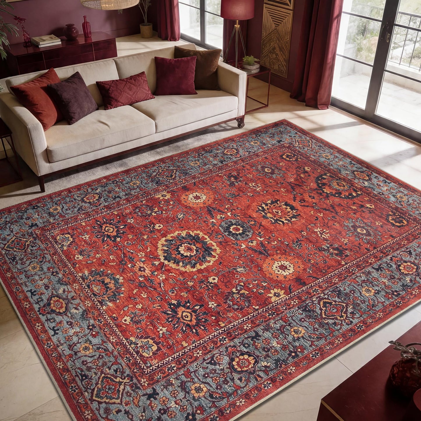 Keen Home Design 6x9 Rug - Machine Washable Area Rug with Non-Slip Backing, Ideal for Living Room, Dining Room, Bedroom - Vintage, Easy Clean, Durable, Low Pile Rug - (6' x 9')