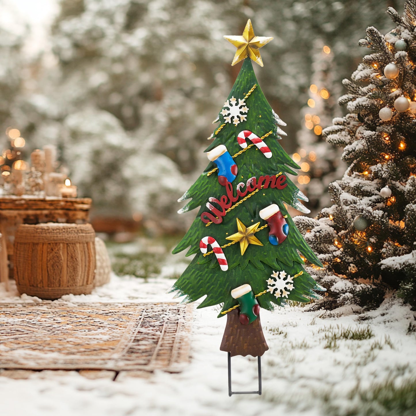 TERESA'S COLLECTIONS Christmas Garden Stake, Metal Outdoor Christmas Tree Decorations for Home, Welcome Sign with Solar Light, Green Waterproof Decoraions for Yard, Party Gifts,31"