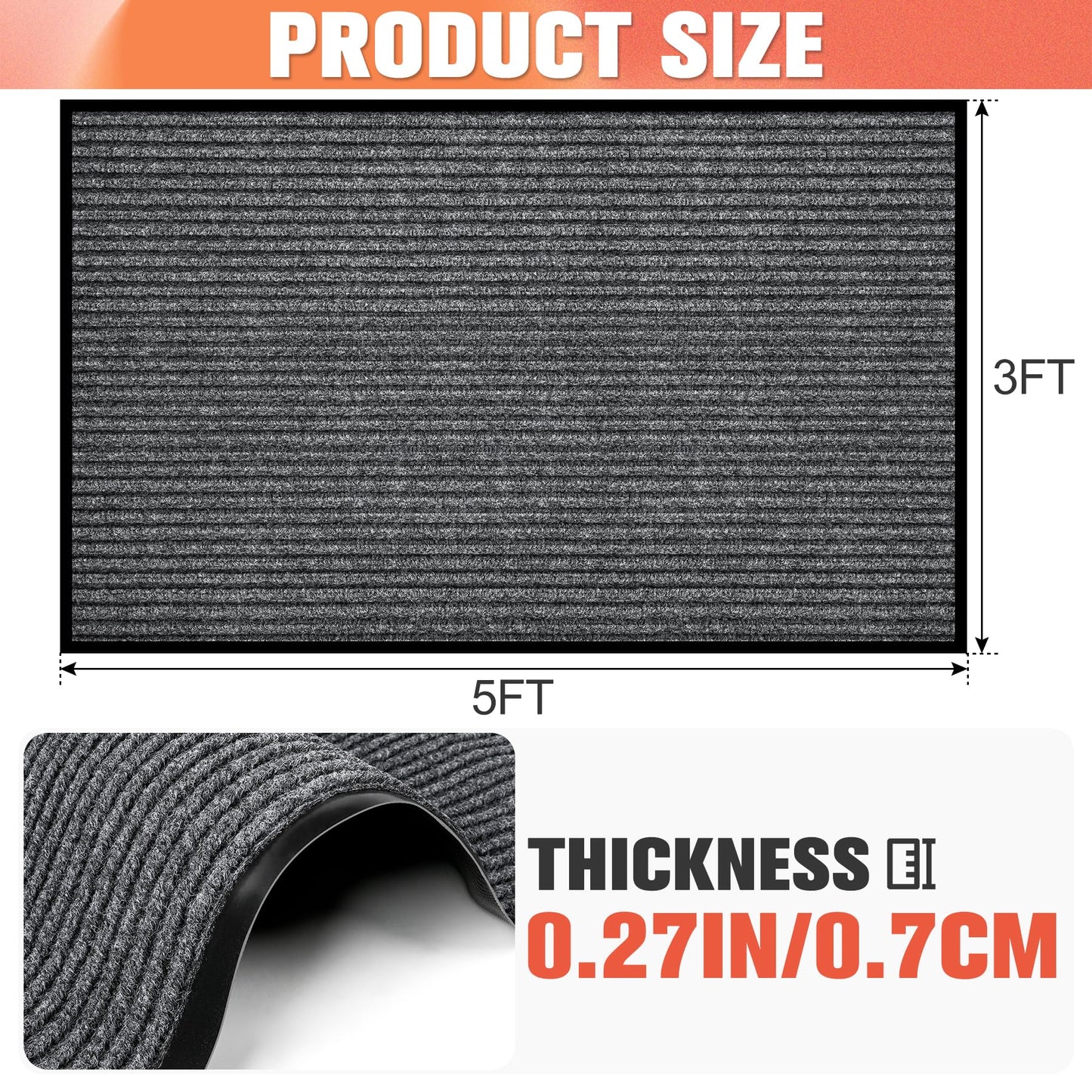 MYFAMIREA Commercial Floor Mat 3' x 5' Extra Large Front Door Industrial Rug Heavy Duty Brush Step Entrance Mat Weather Utility Rug with Non Slip Rubber Backing Low Profile for Entryway, Charcoal Grey