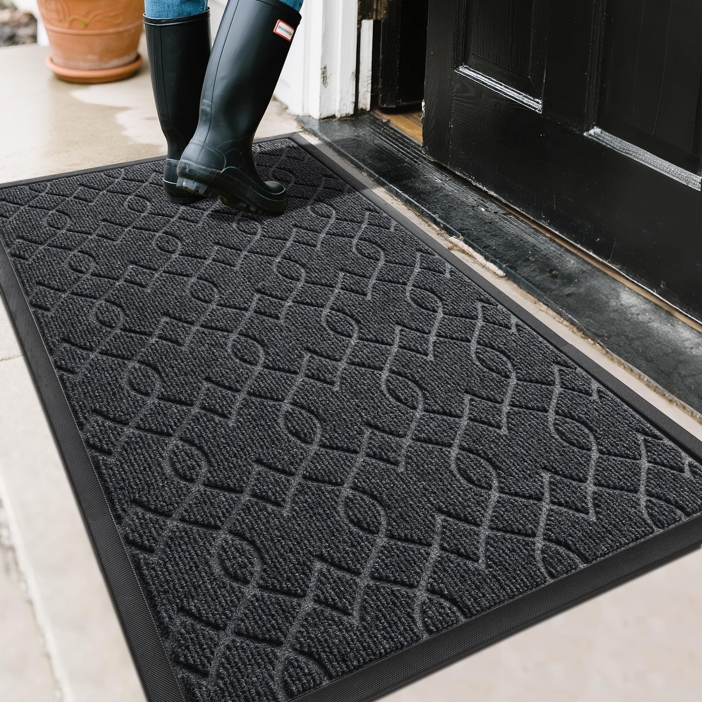 Yimobra Large Door Mat 47x32, All-Season Waterproof Doormat Outdoor Entrance, Heavy Duty Non-Slip Outside Door Mat for Garage Patio Proch Entryway Indoor, Easy Clean, Black Gray