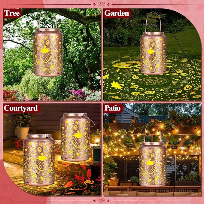 Solar Lanterns Outdoor Waterproof,Strawberry Hollowed-Out Metal Decor Lantern, Hanging Solar Lights Decoration Outside,Gifts for Women mom Memaw