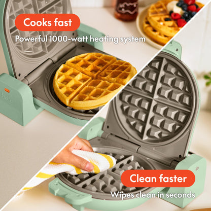bella Flip-n-Store Waffle Maker with EverGood™ Ceramic Nonstick Coating, Fits-anywhere™ Kitchenware, Power Indicator Light, Cool Touch Handle & Cord Wrap, 7” Wide & 1" Deep Plates, 1000 Watt, Oatmilk