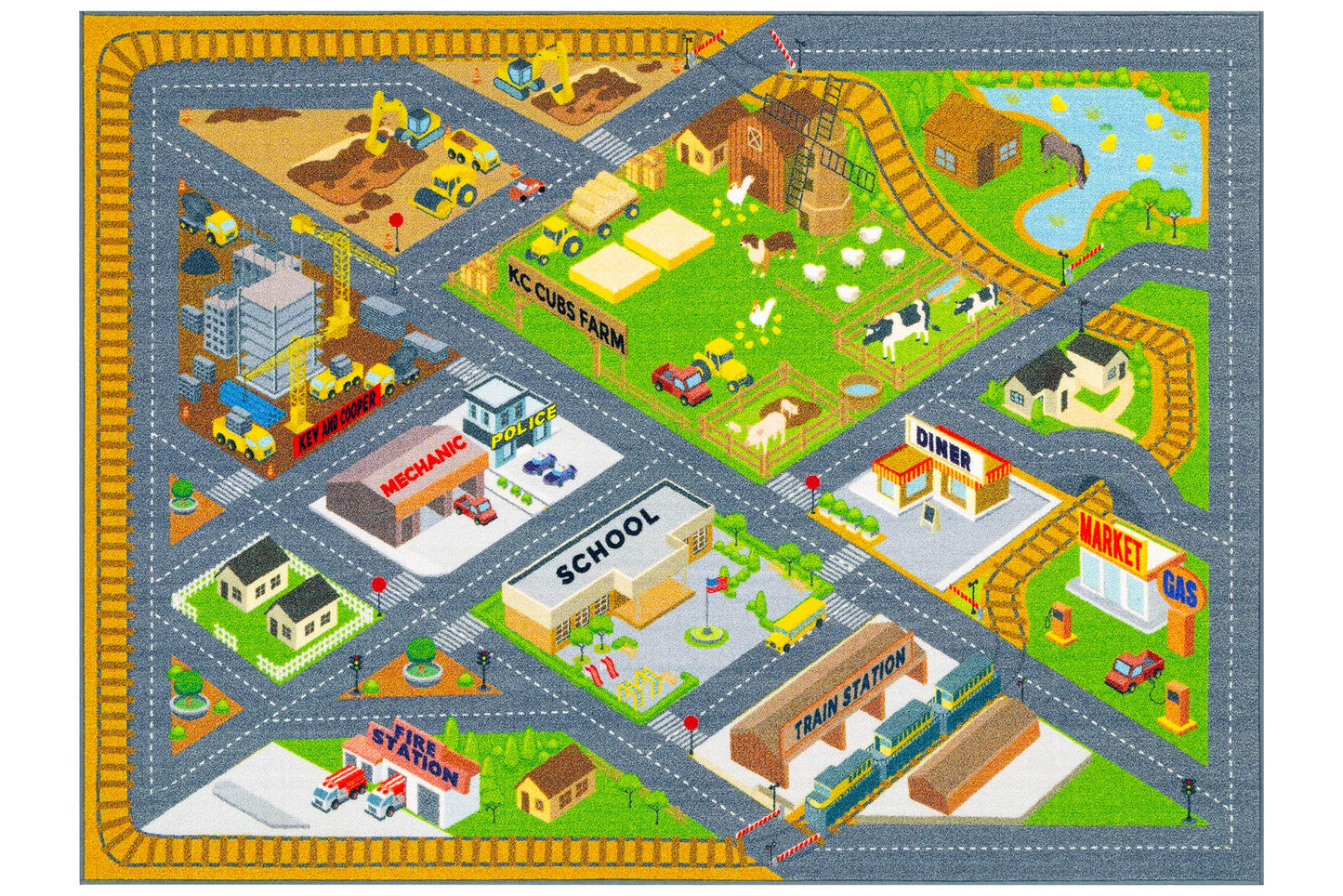 KC Cubs: Educational Rug: Country Farm Construction Road Map – 8x10' Playmat - Interactive Car Route, Area Carpet, Bedroom-Classroom, Baby-Toddler-Kid