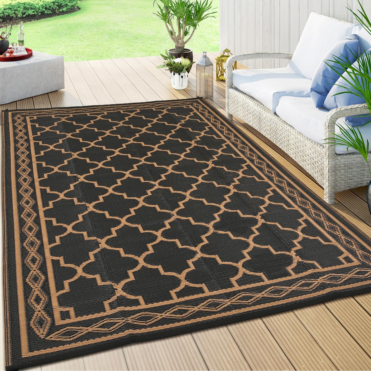 GlowSol Outdoor Rug Waterproof 8x10 ft Reversible Outdoor Plastic Straw Patio Rugs,Foldable Camping Rug with Carry Bag, RV Mat Outside Rugs for Patio,Picnic,Balcony,Deck,Backyard,Pool, Black/Brown