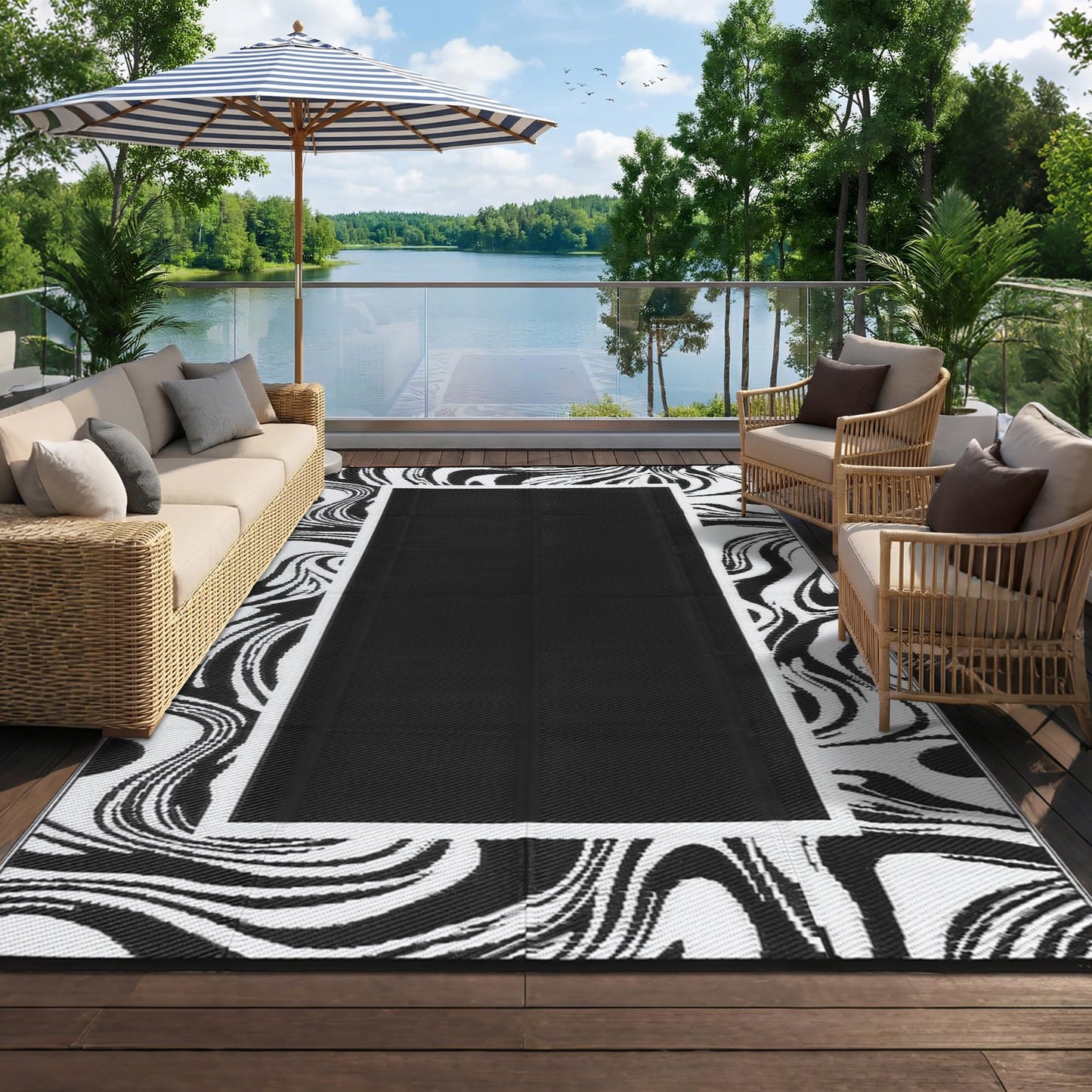 Garvee Black and White Outdoor Rug 5x8 for Camping Waterproof Quick Dry Plastic Straw Carpet Reversible Lightweight Patio Rug Easy to Clean for RV, Deck, Balcony, Backyard, Picnic, Beach, Black White