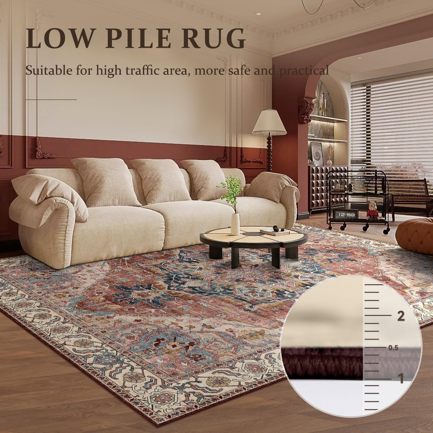 Deerly Vintage Area Rug 5x7 Boho Washable Rug for Living Room Bedroom Non Slip Low Pile 5x7 Rug for Kitchen Entryway Bedroom Dining Room Office, Brickred/Multi