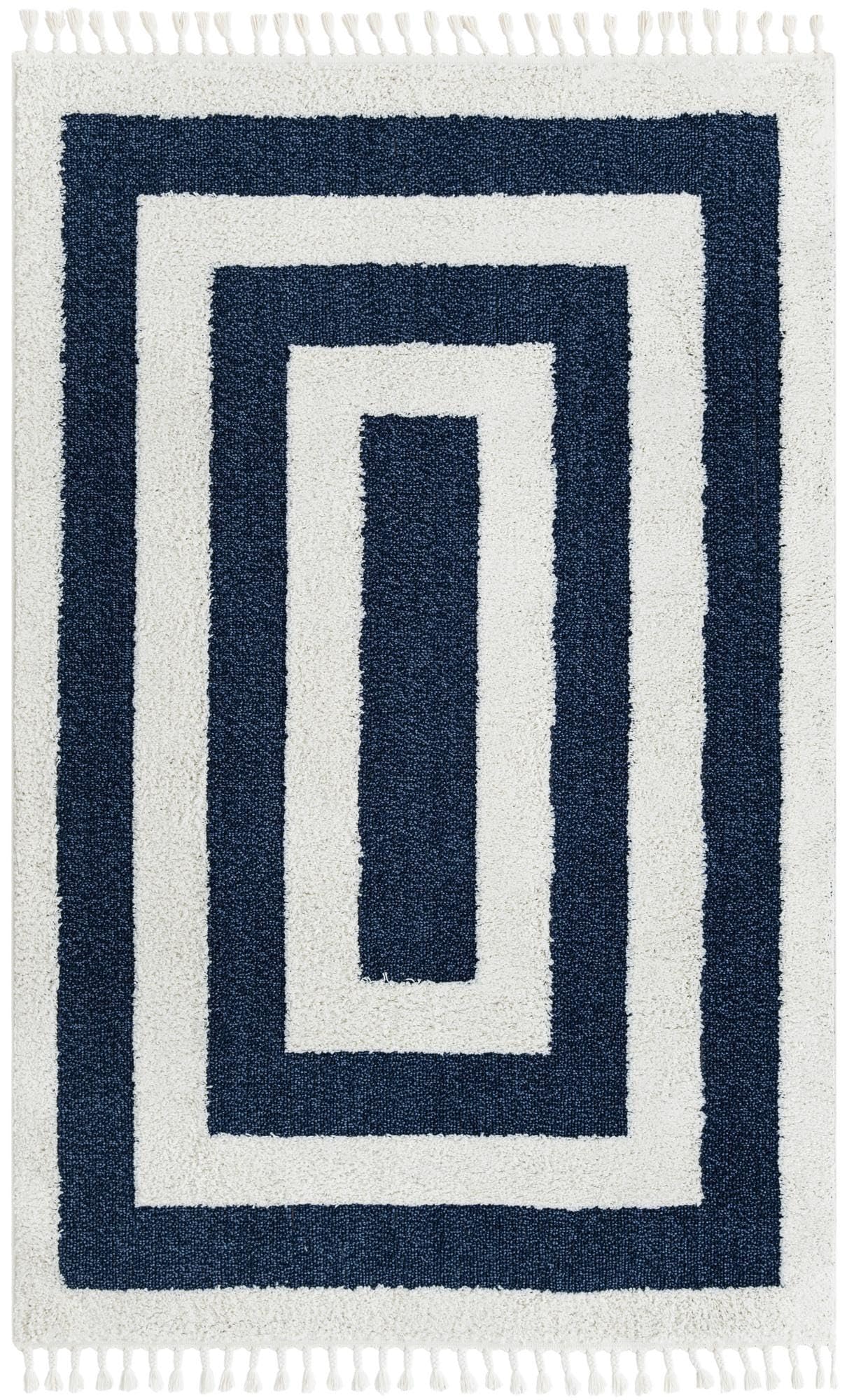 Rugs.com - Boho Rug – 5' 3 x 8' Blue Easy-Clean Stain-Resistant Rug – Concentric Stripe Pattern with Fringe, Perfect for Living Rooms, Dining Rooms, and Home Offices