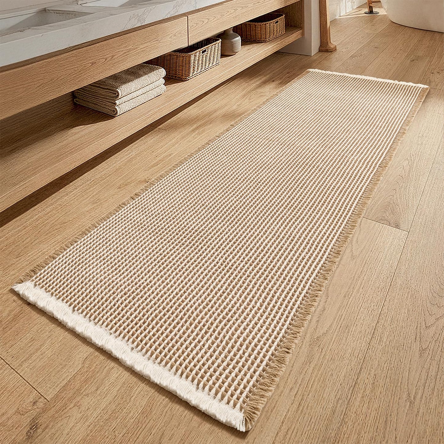 MIULEE Waffle Bathroom Runner Rugs, Super Absorbent Non Slip Bath Rug, Soft Quick Dry Washable Boho Large Beige Bath Mat with Tassels for Hallway Laundry Room Bedroom, 2'x6' (24"x72"), Brown & White