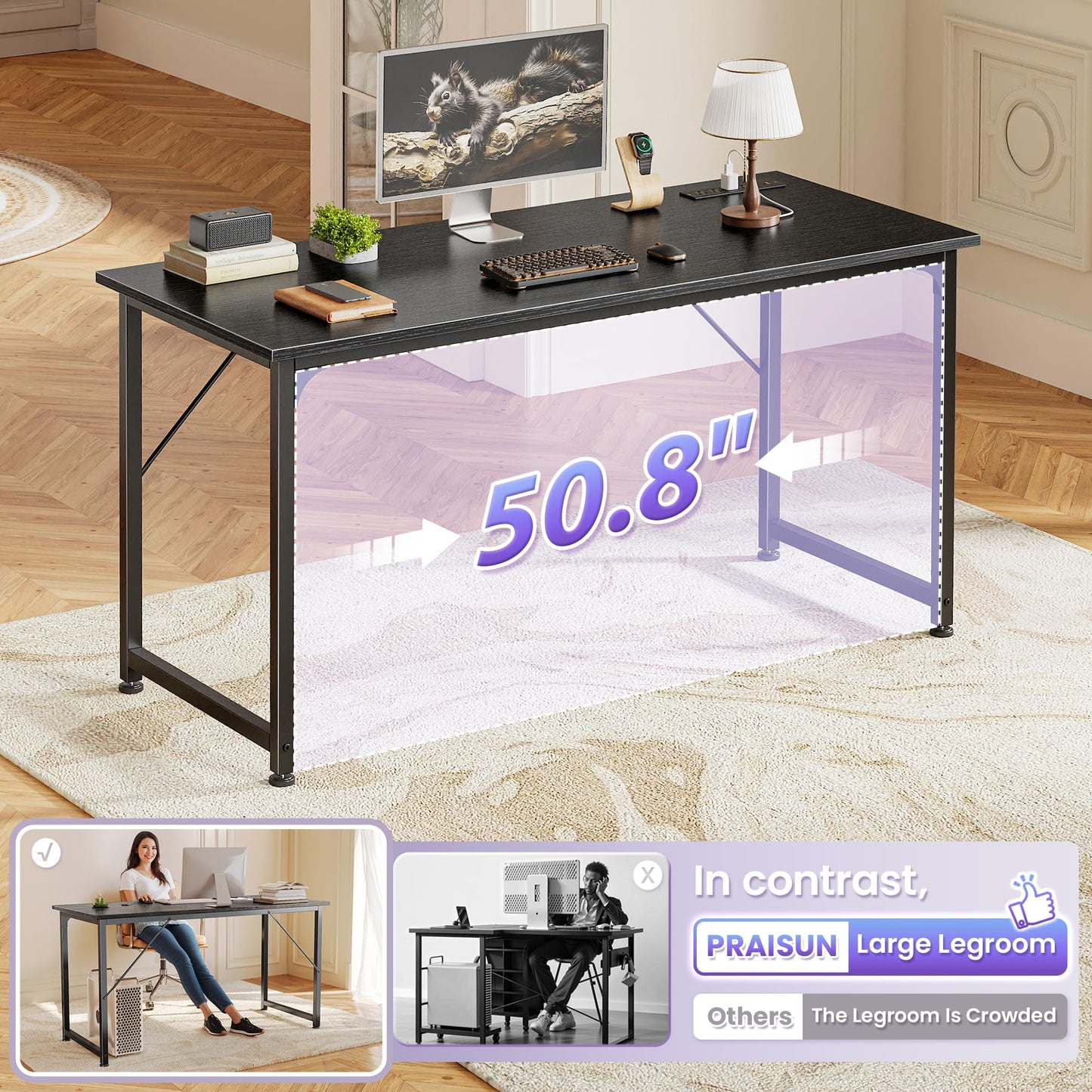PRAISUN 55 X 20 Inch Office Computer Desk with Power Outlets and USB-C Port, Larger and Longer Gaming Desk, for Home Office, Study, Bedroom, Writing Work from Home Table, Metal Frame, Black