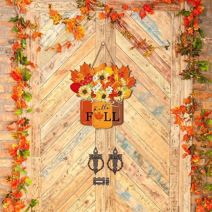 Newcotte Thanksgiving Wooden Sign Fall Decoration for Home Hello Fall Door Sign Farmhouse Maple Leaves Wall Hanging Decoration Door Hanger Wreath for Thanksgiving Autumn Porch Outdoor Home Decor