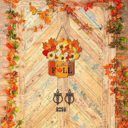 Newcotte Thanksgiving Wooden Sign Fall Decoration for Home Hello Fall Door Sign Farmhouse Maple Leaves Wall Hanging Decoration Door Hanger Wreath for Thanksgiving Autumn Porch Outdoor Home Decor
