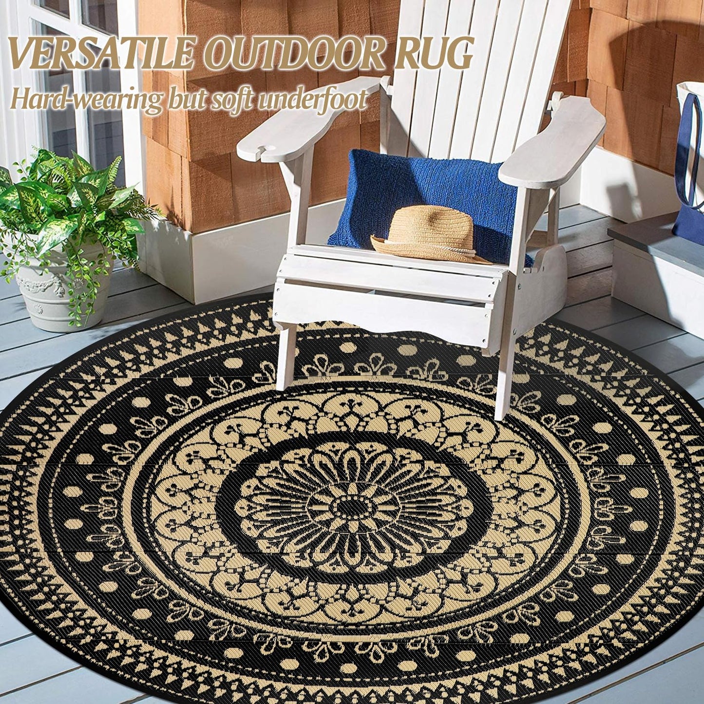 Cekene Round Outdoor Rugs Waterproof 6Ft Reversible Outdoor Patio Rugs Portable RV Camping Mats Lightweight Plastic Straw Rugs Outdoor Area Rug for Patio Picnic Beach BBQ, Black/Camel