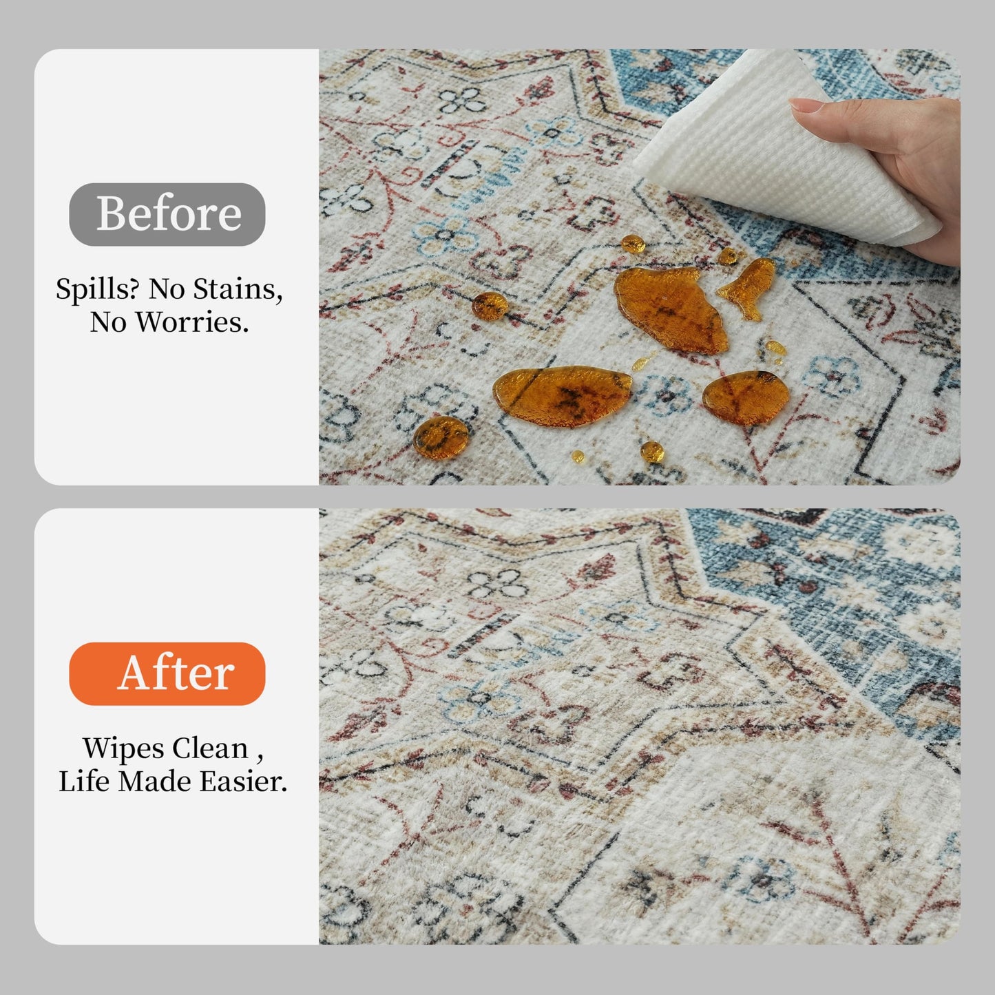 5x7 Moroccan Washable Area Rugs, Oriental Accent Rugs with Non-Slip Backing, Distressed Design Low Pile Soft Carpet for Living Room, Bedroom, Dining Room, Home Office, Blue/Multi