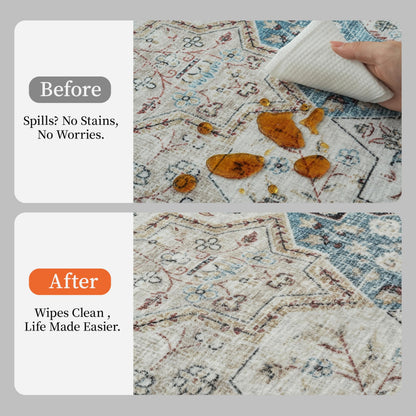 4x6 Moroccan Washable Area Rugs, Oriental Accent Rugs with Non-Slip Backing, Distressed Design Low Pile Soft Carpet for Living Room, Bedroom, Dining Room, Home Office, Blue/Multi