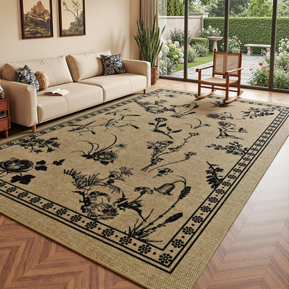 FALARK Easy Jute 4x6 Outdoor Patio Rug, Washable Rugs for Entryway Indoor Living Room Carpet, Farmhouse Neutral Non Slip Thin Beige Botanical Sketch Door Carpet for Backyard Bedroom Kitchen