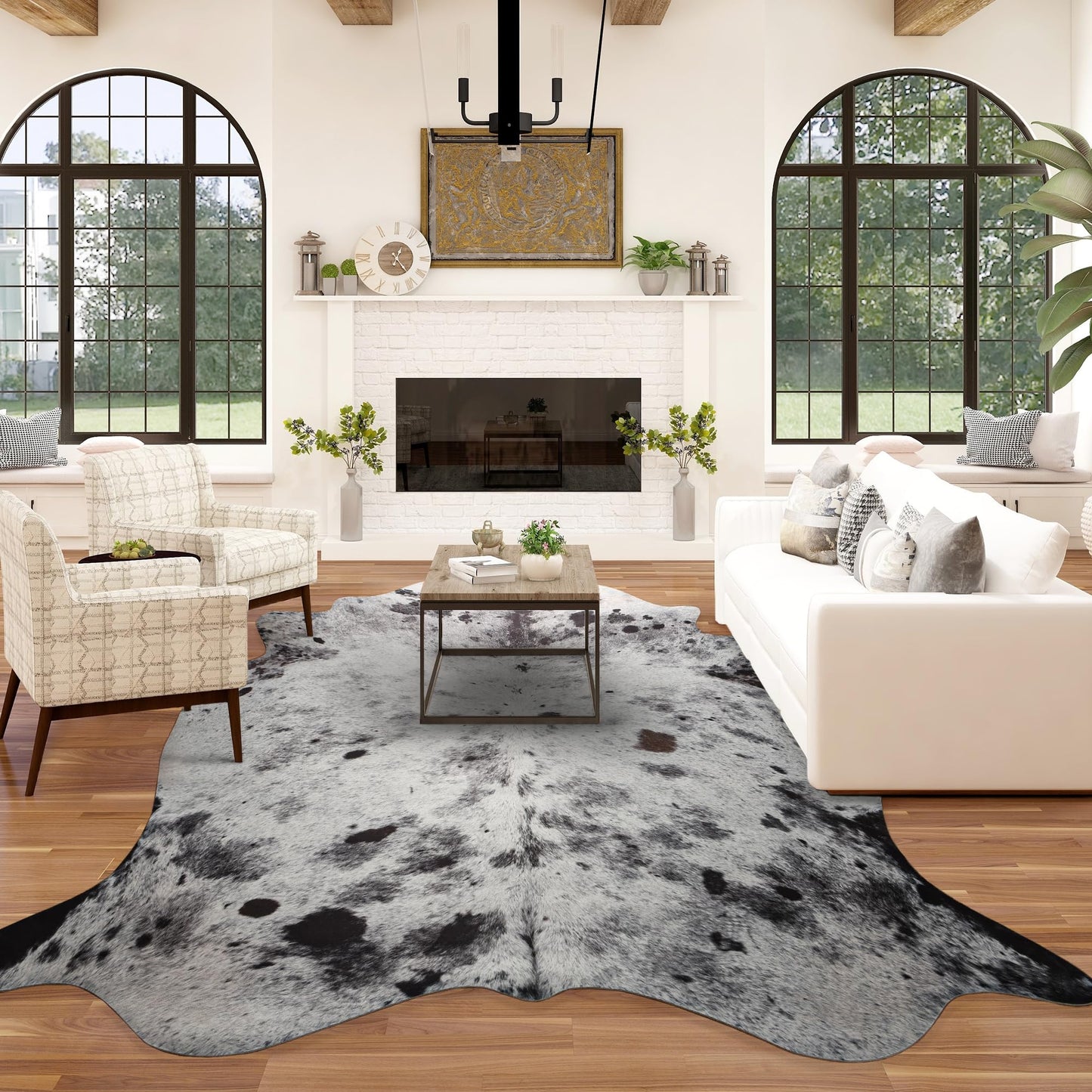 SUNYIWEI Faux Cowhide Rug, 5.2 x 6.2 ft Cowhide Rug for Living Room, Bedroom, Wall - Non-Slip,Gray White Black