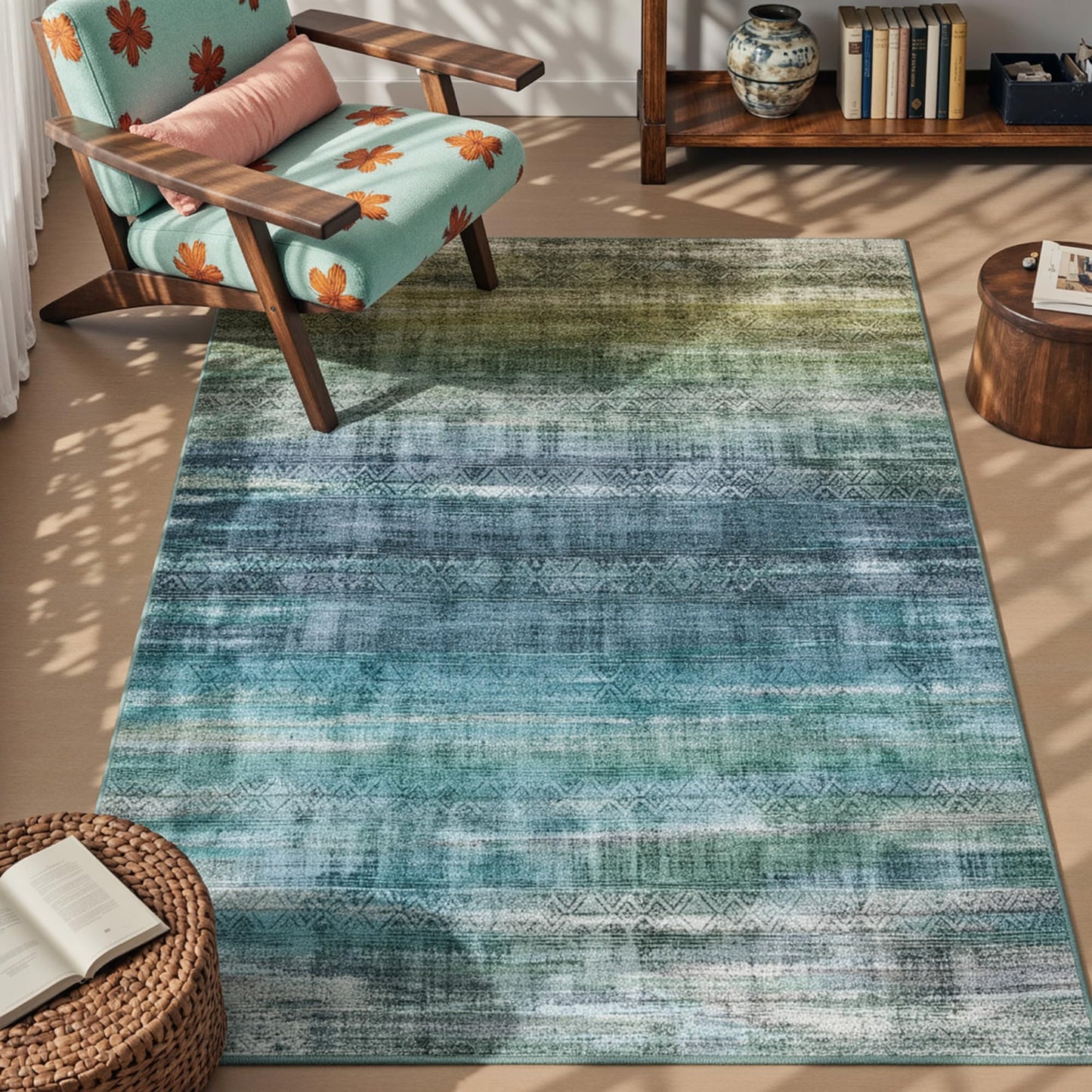 Kokia Abstract Teal Area Rugs 6x9 Boho Washable Distressed Retro Indoor Floor Rug Multicolor Low Pile Non-Slip Non-Shedding Carpet Bedroom Living Room Dining Room, Blue and Green