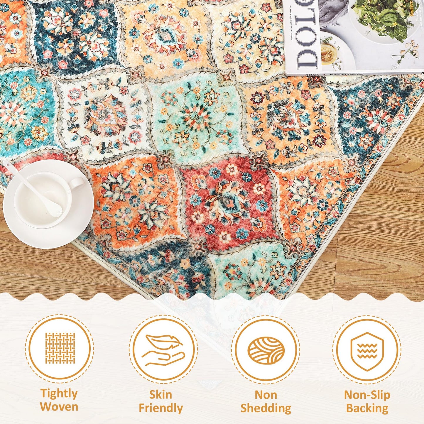 ROYHOME Runner Rug Washable Moroccan Trellis Hallway Runner Rug Entryway Rug, Stain Resistant Non-Slip Vintage Distressed Bedroom Rug Runner Entrance Carpet for Laundry Kitchen, Cream, 2' x 6'
