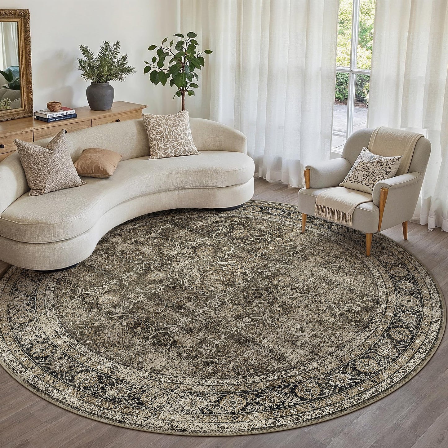 PureCozy Brown Round Area Rug 8ft Washable 8x8 Circle Vintage Low Pile Indoor Large Kitchen Living Room Carpet Non Slip Traditional Distressed Retro Accent Throw Rug Office Dining Room