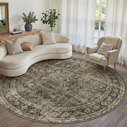 PureCozy Brown Round Area Rug 8ft Washable 8x8 Circle Vintage Low Pile Indoor Large Kitchen Living Room Carpet Non Slip Traditional Distressed Retro Accent Throw Rug Office Dining Room