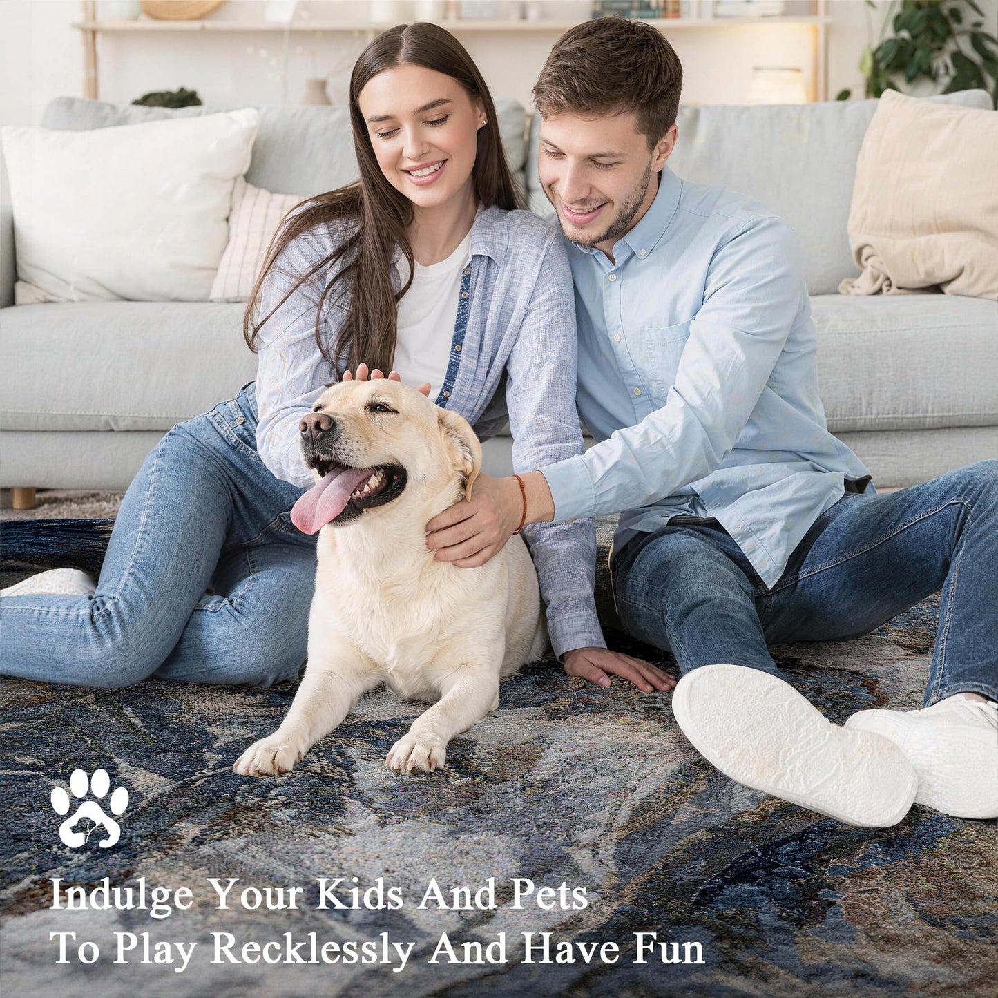 Abstract 9x12 Rug for Living Room: Modern Washable Blue Area Rugs for Bedroom Dining Room - Pet Friendly Thin Low Pile Non-Slip Stain Resistant Large Carpet