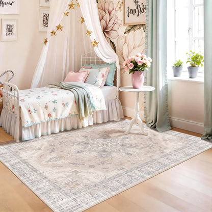 TTelephant 4x6 Bedroom Rug, Soft Non-Slip Vintage Medallion Rug, Low-Pile Printed Indoor 4x6 Washable Area Rugs for Living Room, Bedroom Bedside -Light Blush/Cream