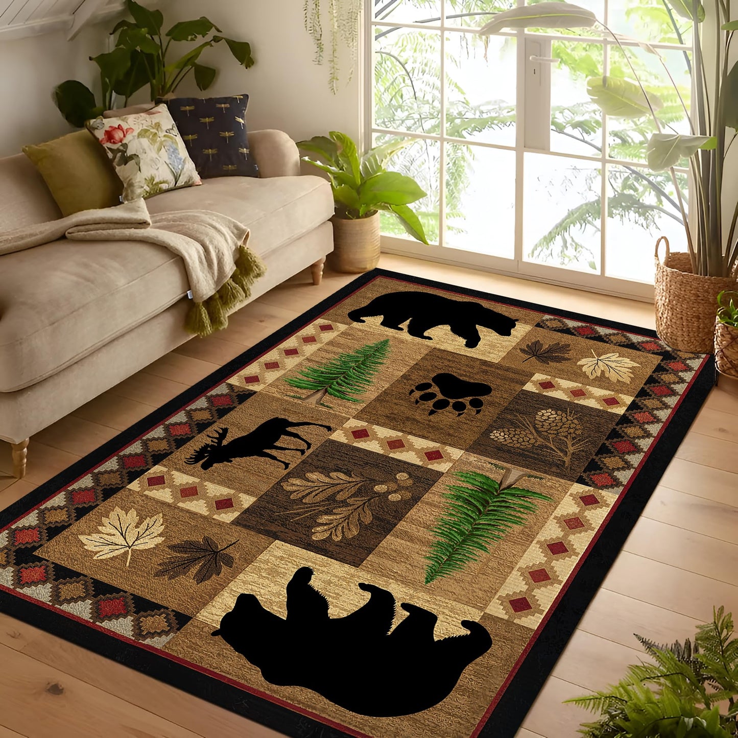 Bear Decor Rustic Throw Area Rugs Moose, 3x5, 4x6, 5x8, 6x9 Ft, Cabin & Living Room