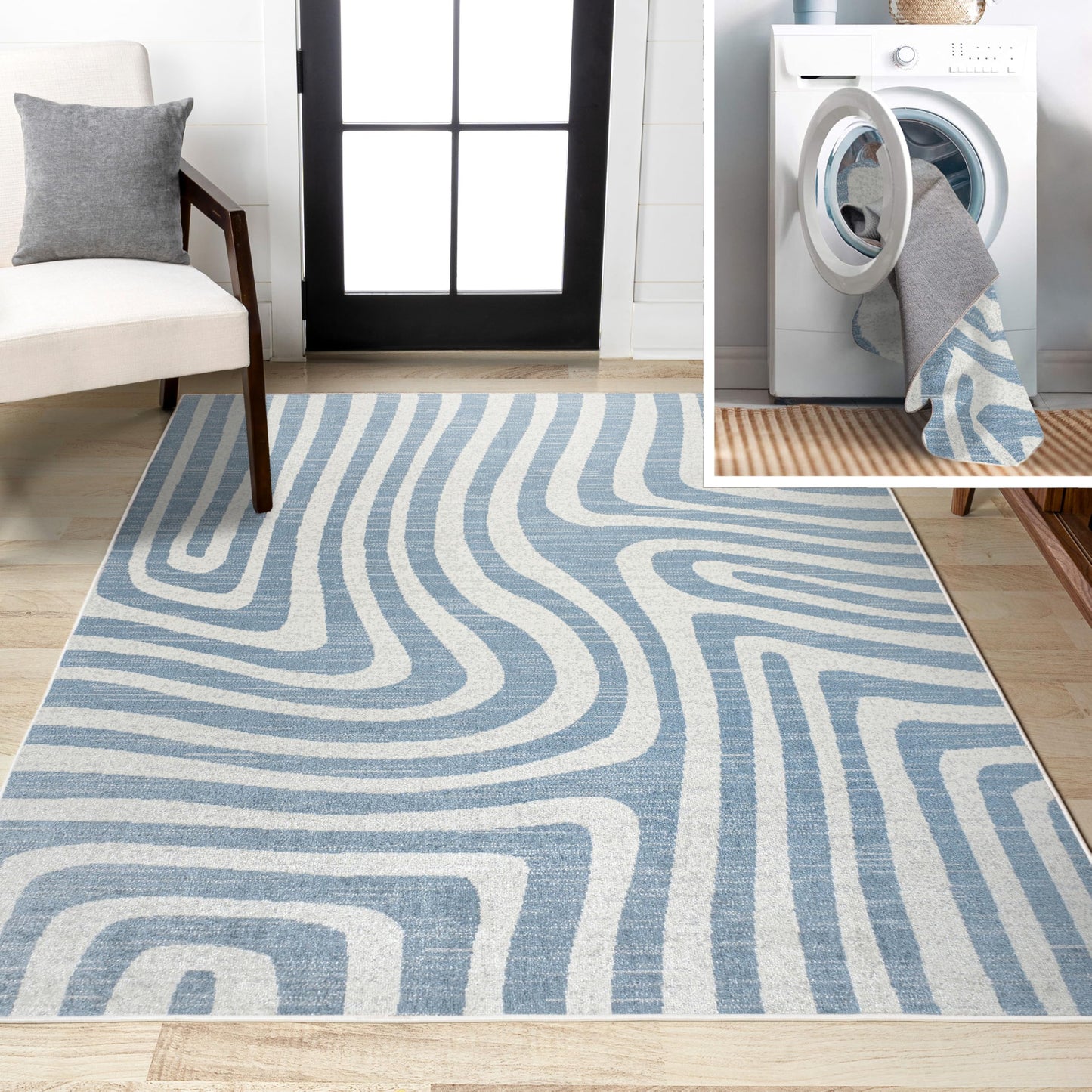 JONATHAN Y Machine Washable Blue/Cream Indoor Area Rug 3X5 ft, Maze Abstract Two-Tone Low-Pile for Living Room, Bedroom, Kitchen, Office, Easy-Cleaning, Pet-Friendly, Non-Shedding WSH309A-3