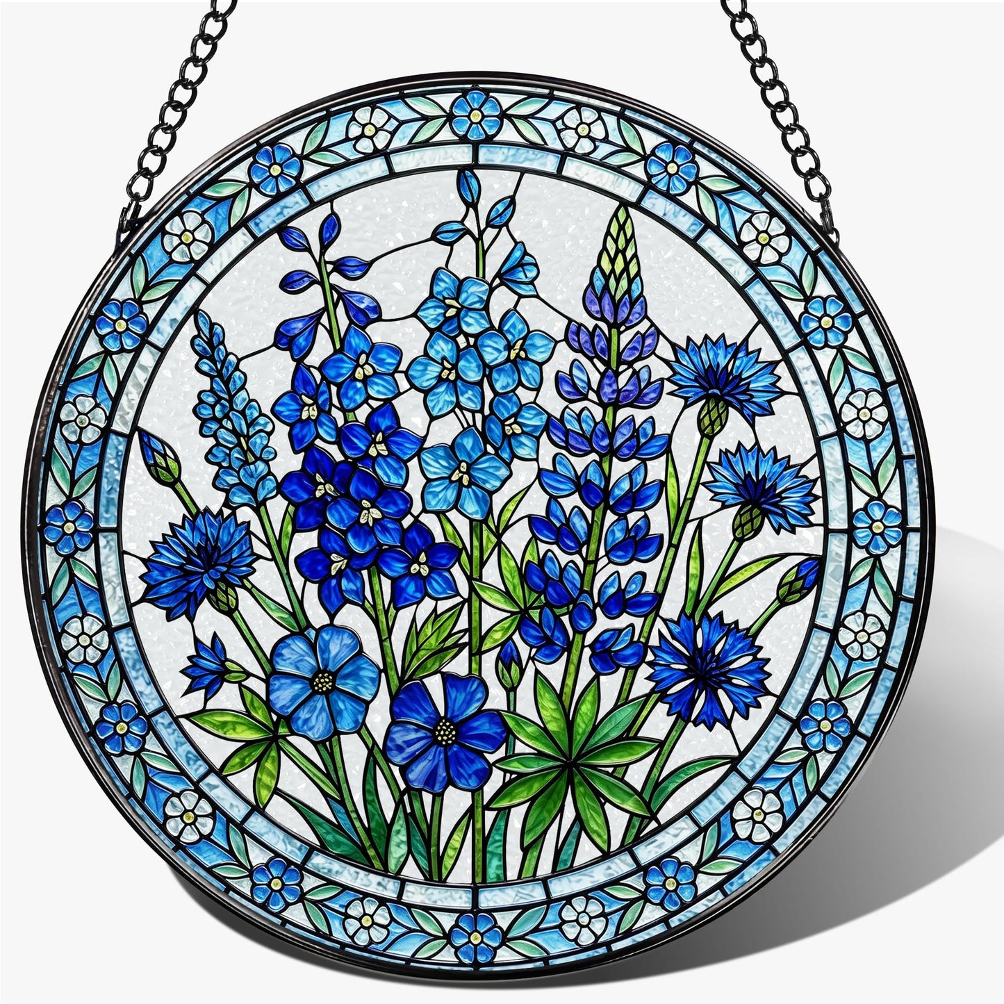Botanical Stained Glass Window Hanging, 7.8 Inch Blue Wildflower Stained Glass Suncatcher, Sun Catchers Indoor Window Ornament, Suncatcher for Windows, Doors & Home Decor, Birthday Gift for Her