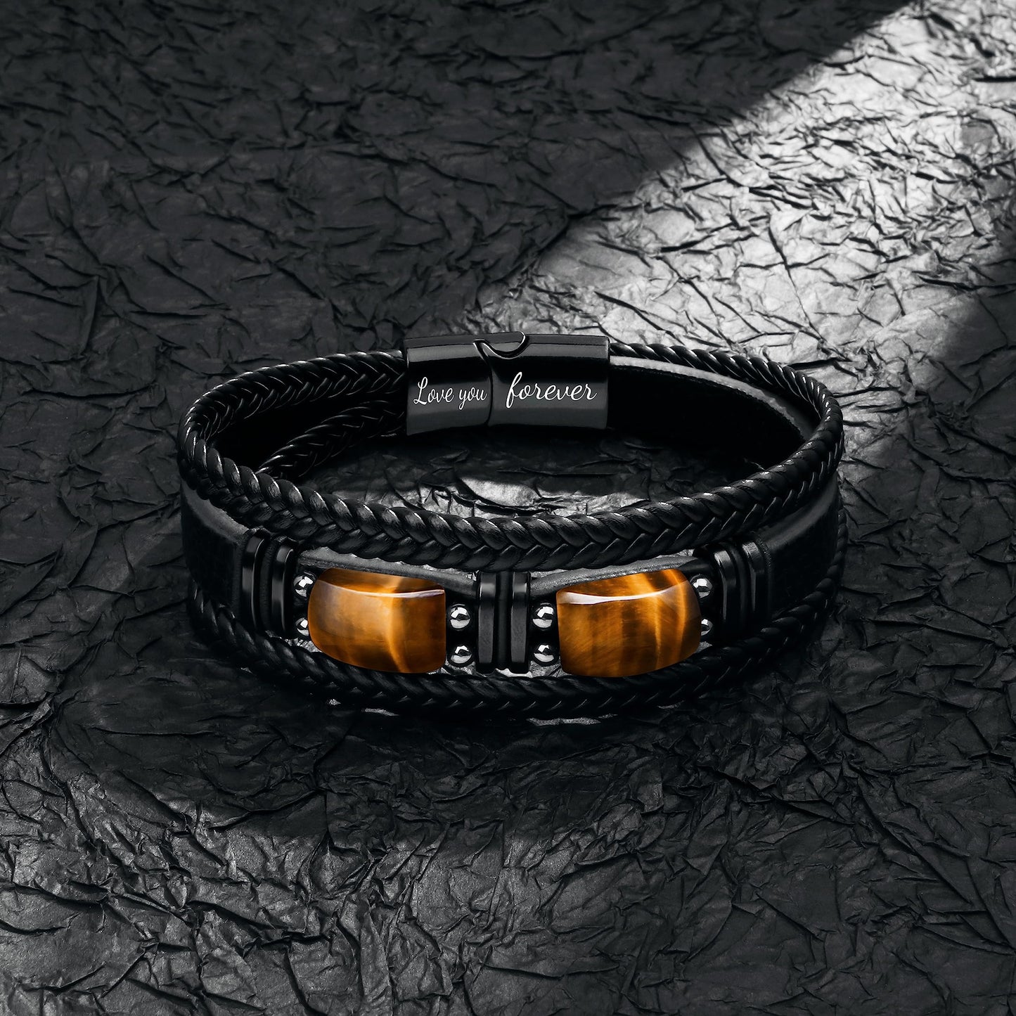JoycuFF Gifts for Husband from Wife Leather Bracelets for Husband 2 Tiger Eye Stone Anniversary Birthday Love You Forever Mens Black Layered Braided Cuff Bracelet