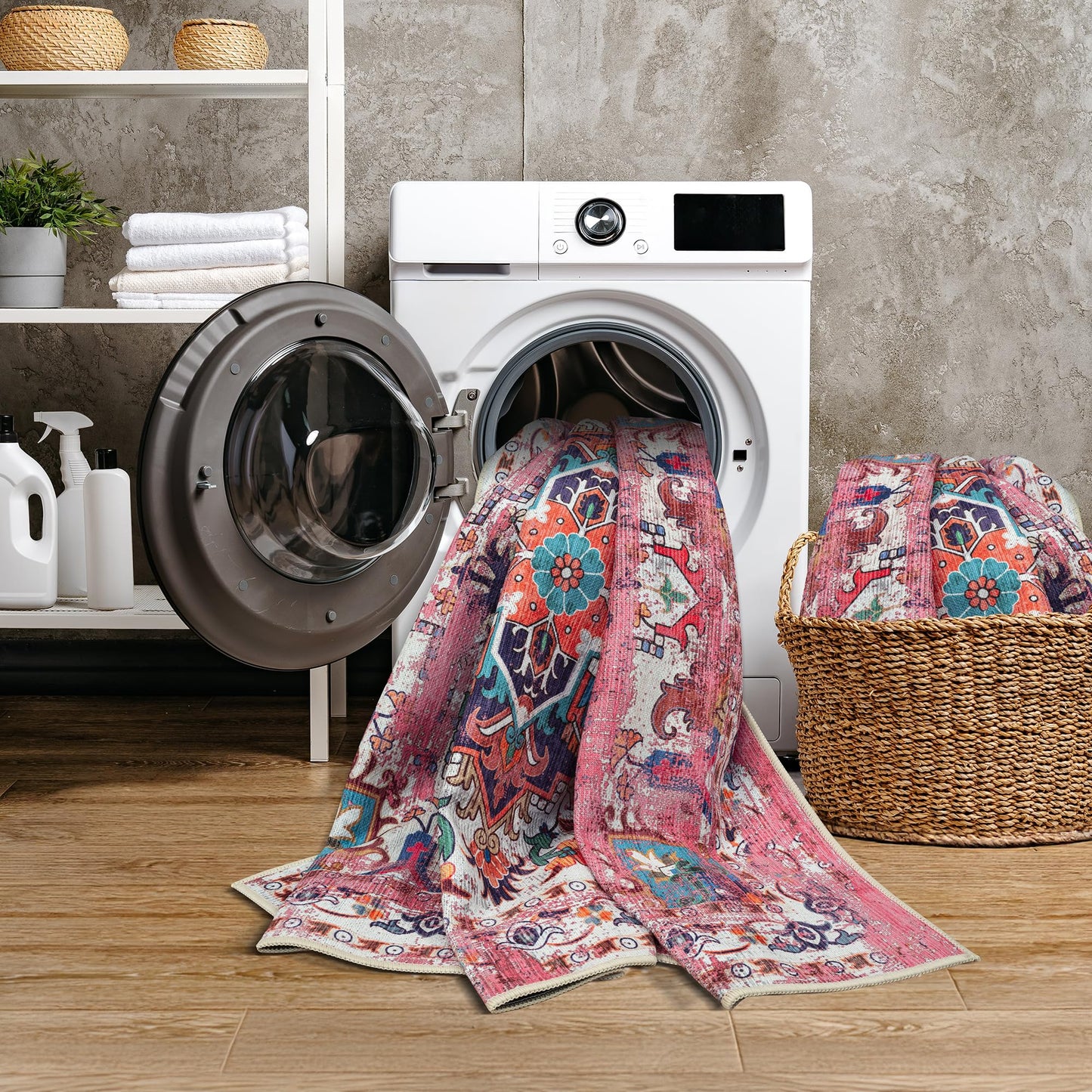 GLN Rugs Bohemian - Serik - Machine Washable Area Rug, Boho Washable, Non Slip, Low Pile Chenille Area Rug, Living Room, Bedroom, Kitchen Rug - Easy Clean (6' x 9' Pink/Multicolor)