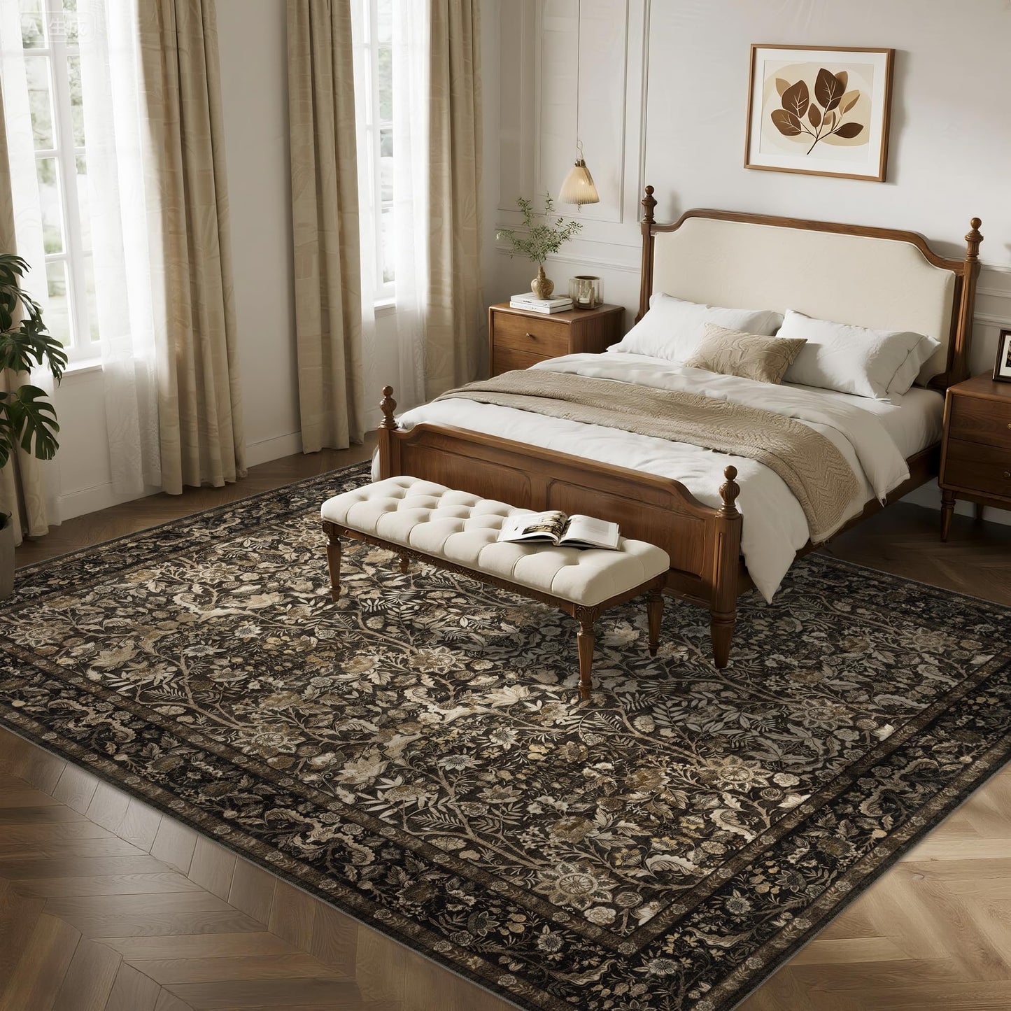 Brown 10x14 Area Rug Washable: Vintage Floral Rugs for Living Room Bedroom Dining Room Under Kitchen Table Office - Soft Non-Slip Stain Resistant Low Pile Large Carpet - Brown and Gold