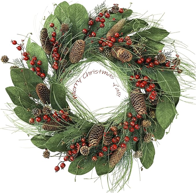YNYLCHMX 20 Inch Winter Wreath for Front Door, Winter Wreaths with Magnolia Leaves Red Berries Pine Cones, Artificial Door Wreaths for Outdoor Indoor Farmhouse Windows Wall Holiday