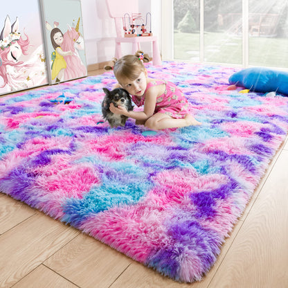 4x6 Tie-Dyed Pink Purple Blue Area Rug for Kids Bedroom Living Room, Fluffy Shag Soft Plush Furry Carpet, Non-Slip Indoor Floor Mat for Dining Room Home Decor