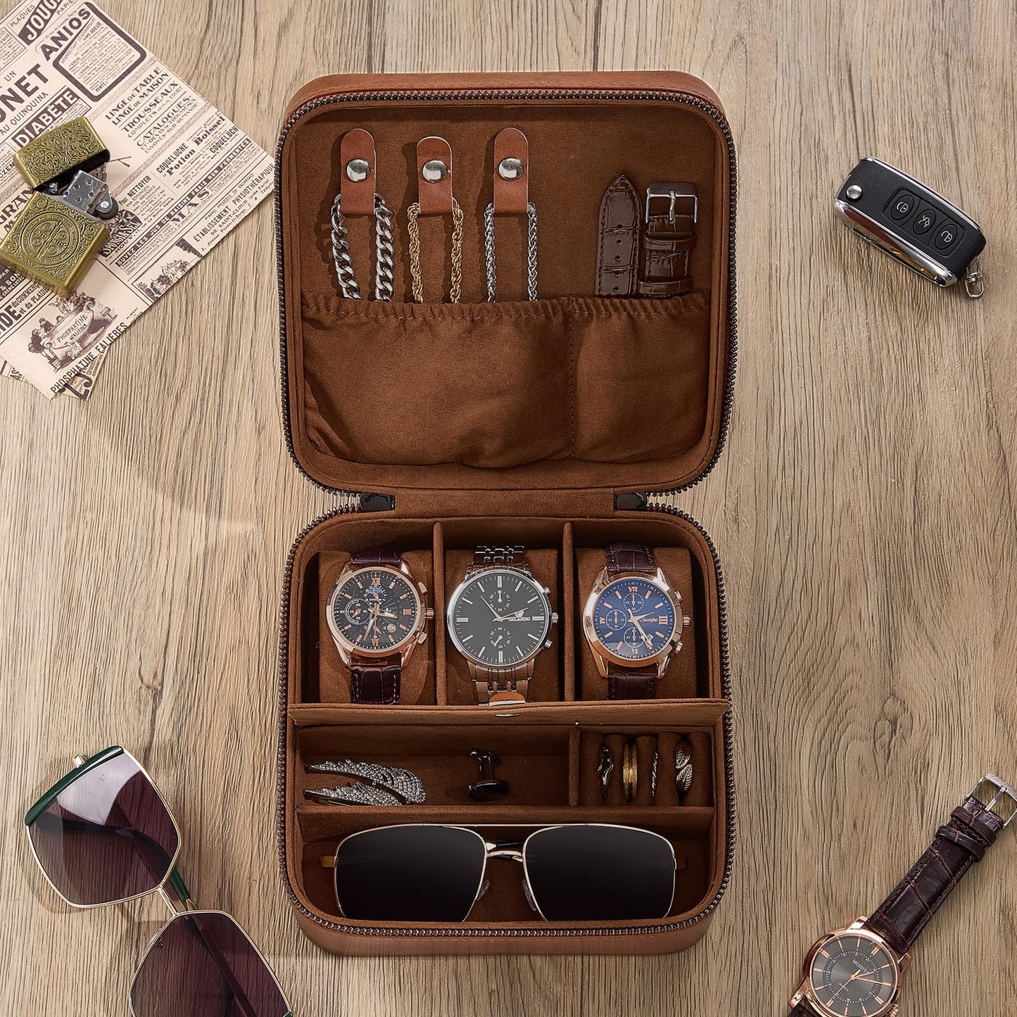 ProCase Travel Watch Case, 3 Slots PU Leather Mens Jewelry Box, Portable Watches Cufflinks Accessories Storage Case, Zippered Carrying Organizer Bag for Man -Lightbrown