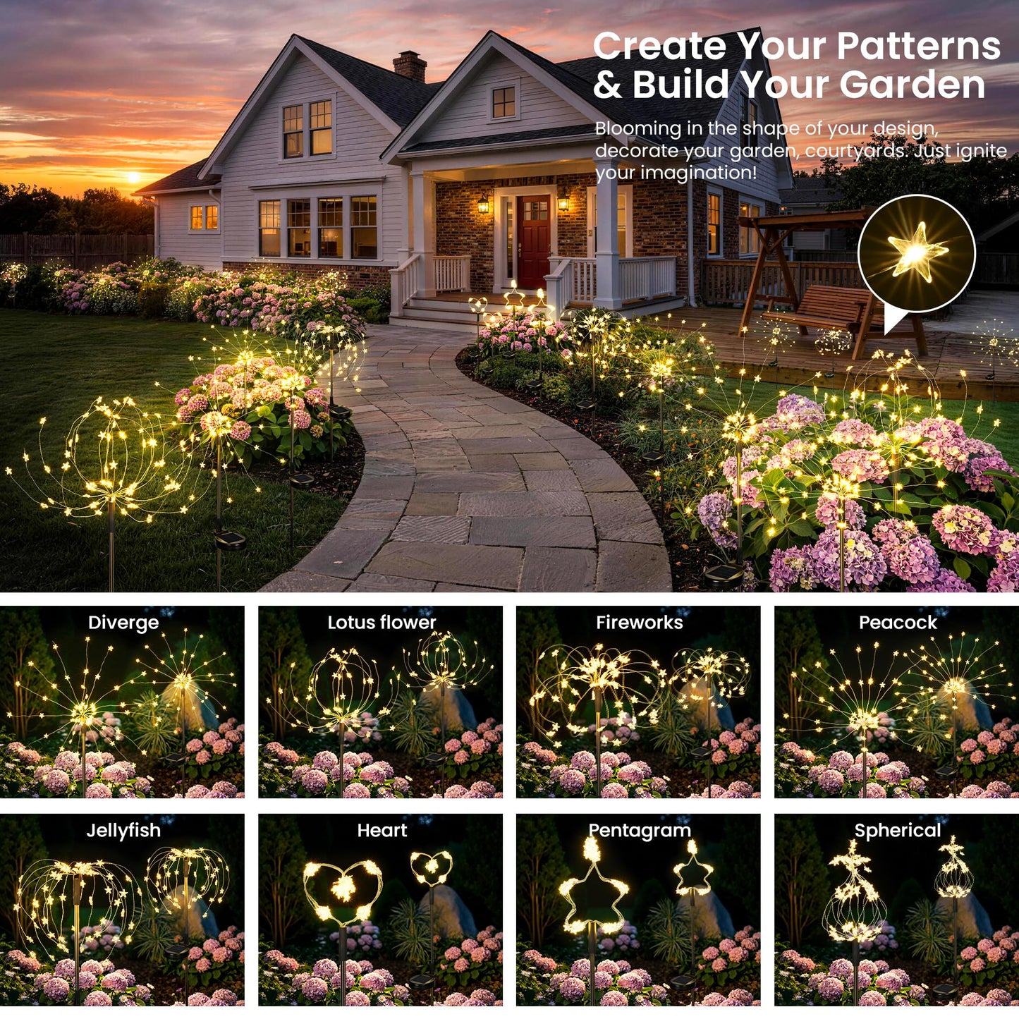 GIGALUMI Solar Lights Outdoor Garden Decor Fireworks Lights, 3 Pack Fairy Lights Outdoor Waterproof Solar Powered, Star-Shaped LED Lights for Yard Patio Pathway Walkway Decor, Warm White