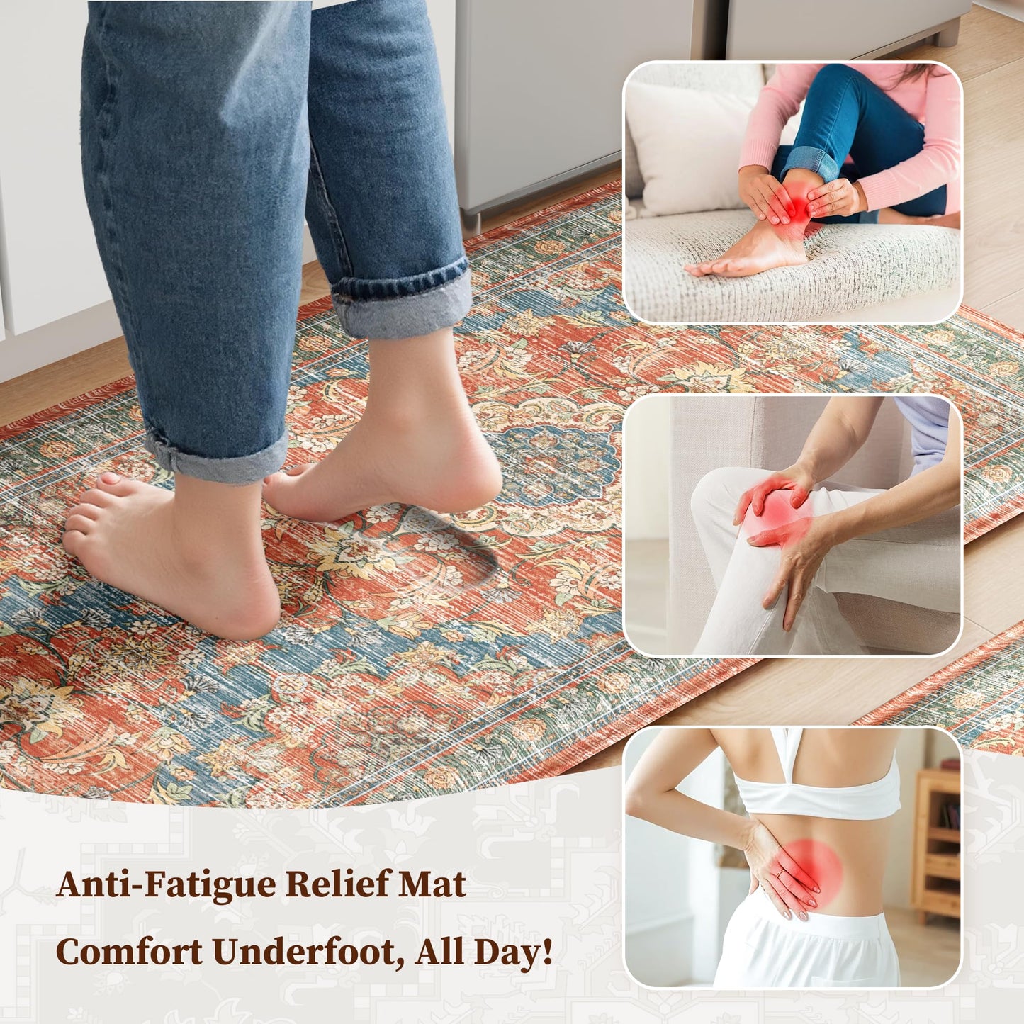 Boho Kitchen Mats for Floor 2 Piece Set Anti Fatigue Cushioned PVC Kitchen Rugs Non Slip Waterproof Farmhouse Mats 2/5 Inch Comfort Standing Mat for Sink, Laundry, 17.3"x47"+17.3"x28", Retro Red