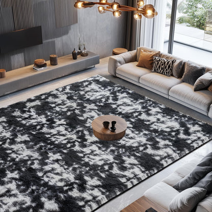 Litanika 6x9 Fluffy Shag Faux Fur Area Rug for Living Room Bedroom, Tie-Dyed Black White High Pile Soft Plush Shaggy Furry Bedside Playroom Dorm Carpet, Non-Slip, Non-Shedding Modern Indoor Floor Rug