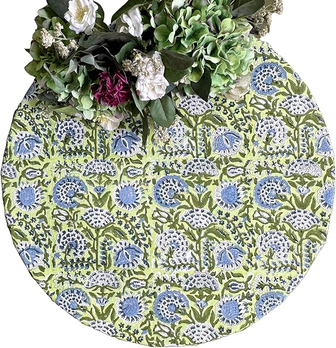 ATOSII Amara 100% Cotton Round Summer Tablecloth, Handblock Print Floral Table Cloth for Kitchen Dining Linen I Parties, Weddings, Outdoors I Grand Millennial Farmhouse Home Decor 90" Inches Round