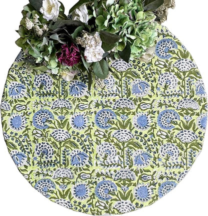ATOSII Amara 100% Cotton Round Summer Tablecloth, Handblock Print Floral Table Cloth for Kitchen Dining Linen I Parties, Weddings, Outdoors I Grand Millennial Farmhouse Home Decor 90" Inches Round