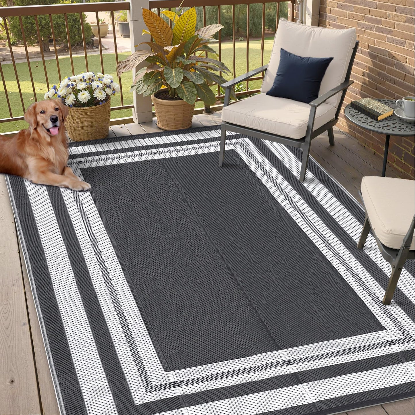 GAOMON Outdoor Rug for Patio 9x18 Plastic Straw Rug Waterproof Reversible Mat Modern Bordered Patio Rug for Porch RV Backyard Pool Deck Picnic Beach Trailer Camping Border-Grey/White