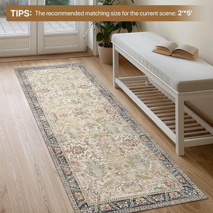 Bavni Area Rug 3x5, Non-Slip Washable Rugs for Living Room Office, Boho Distressed Printed Rug, Low Pile Foldable Decorative Carpet for Bedroom Kitchen Office, Ivory/Teal
