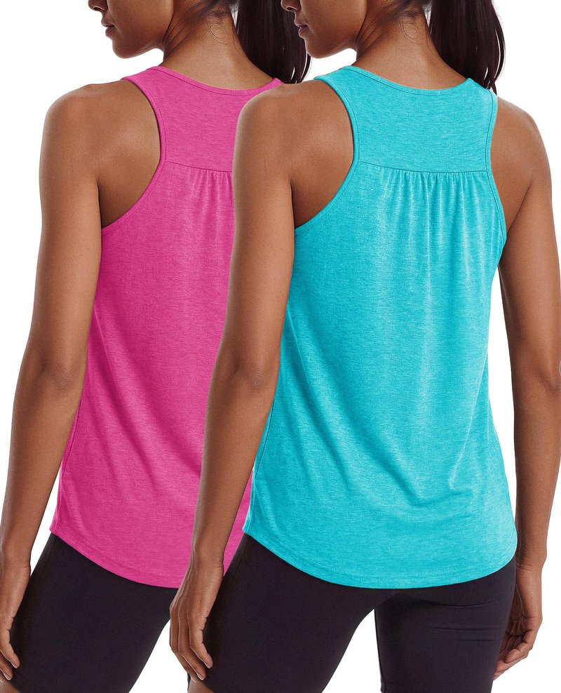 PINSPARK Sleeveless Workout Tops for Women Racerback Tank Top Lightweight Yoga Shirt Scoop Neck Running Activewear,Hot Pink/Turquoise M