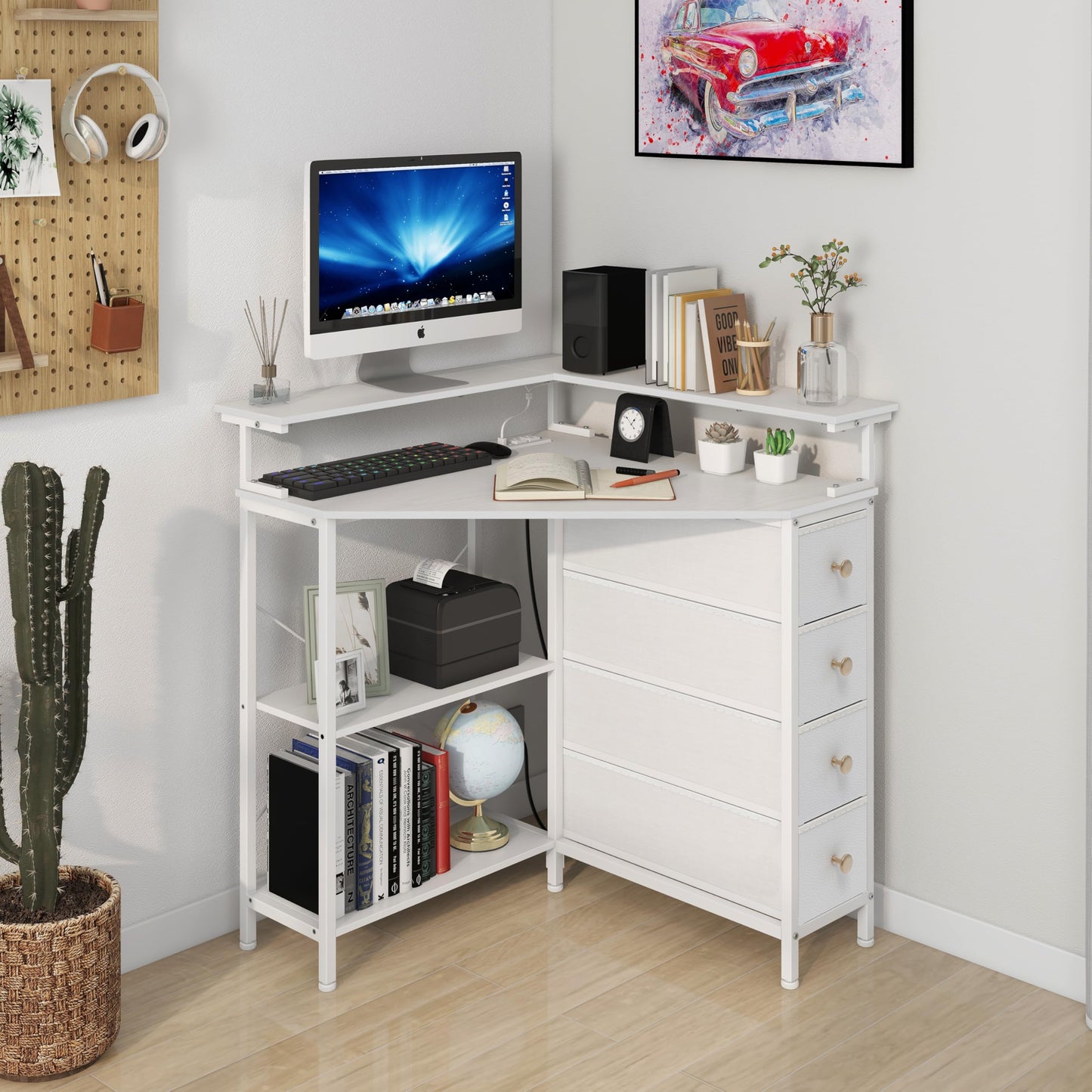 VENNQD Corner Desk with Drawers Shelves for Small Space 90 Degrees Triangle Computer Desk with Power Outlets,Gaming Desk with LED Lights Monitor Stand for Home Office Workstation Writing Table (White)