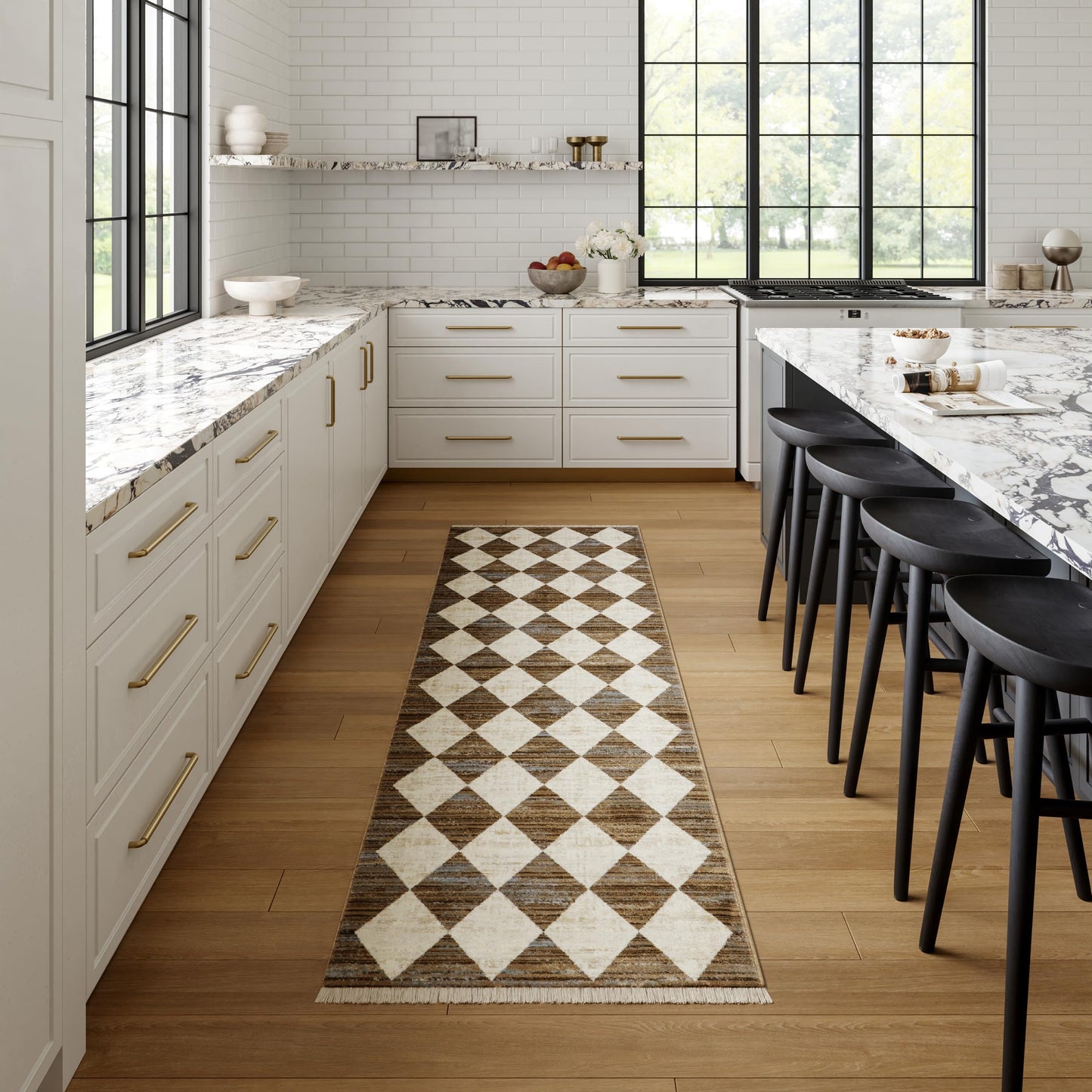Nuloom Fringed Performance Meline Beige/Blue/Ivory, 2'8" x 8', Checkered, Soft and Cozy, High Traffic, Stain Resistant, Easy Clean, Durable Runner for Bedroom, Living Room, Dining, Den, Foyer