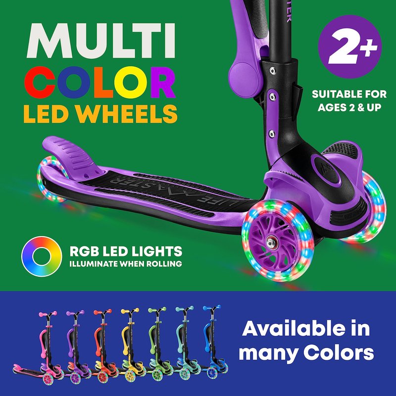3 Wheel Scooter for Kids with Foldable Seat, Adjustable Handlebar Height, Lean-to-Steer Ride On Toy for Kids Ages 2+, Light-Up LED Wheels, Wide Anti Slip Deck, Indoor & Outdoor Use, Purple