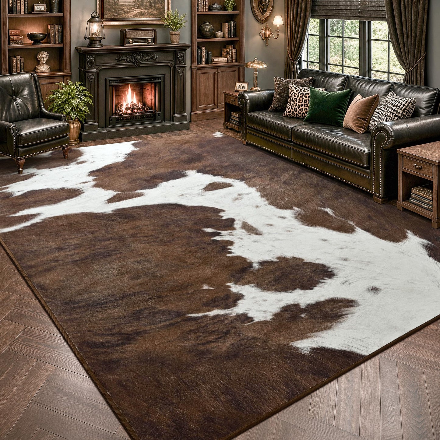 Foxmas Cow Print Rugs for Living Room Bedroom, 5x7 Washable Non-Slip Low Pile Indoor Floor Rug, Carpet for Dining Room Kitchen Office Western Home Decor, Brown