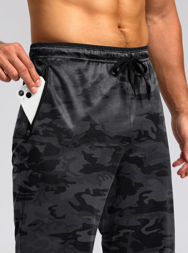 G Gradual Men's Sweatpants Open Bottom Athletic Pants with Zip Pockets Mesh Lightweight for Running, Workout, Lounge (Blackcamo/Grey, Large)